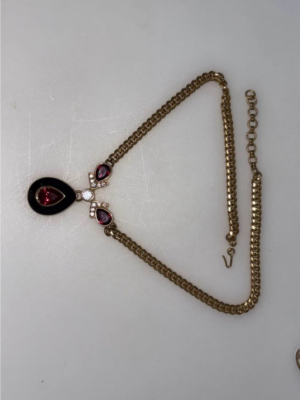 Gold-Tone Monet Statement Necklace with Red Teardrop Pendant and Black Enamel
